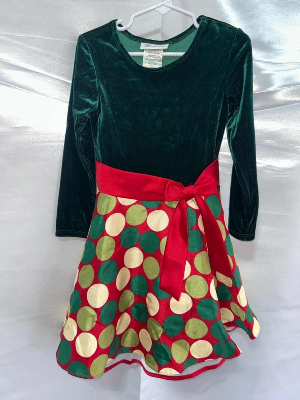 Bonnie Jean Green Velvet w/Green, Red & Gold Holiday Dots Formal Dress | Size 5